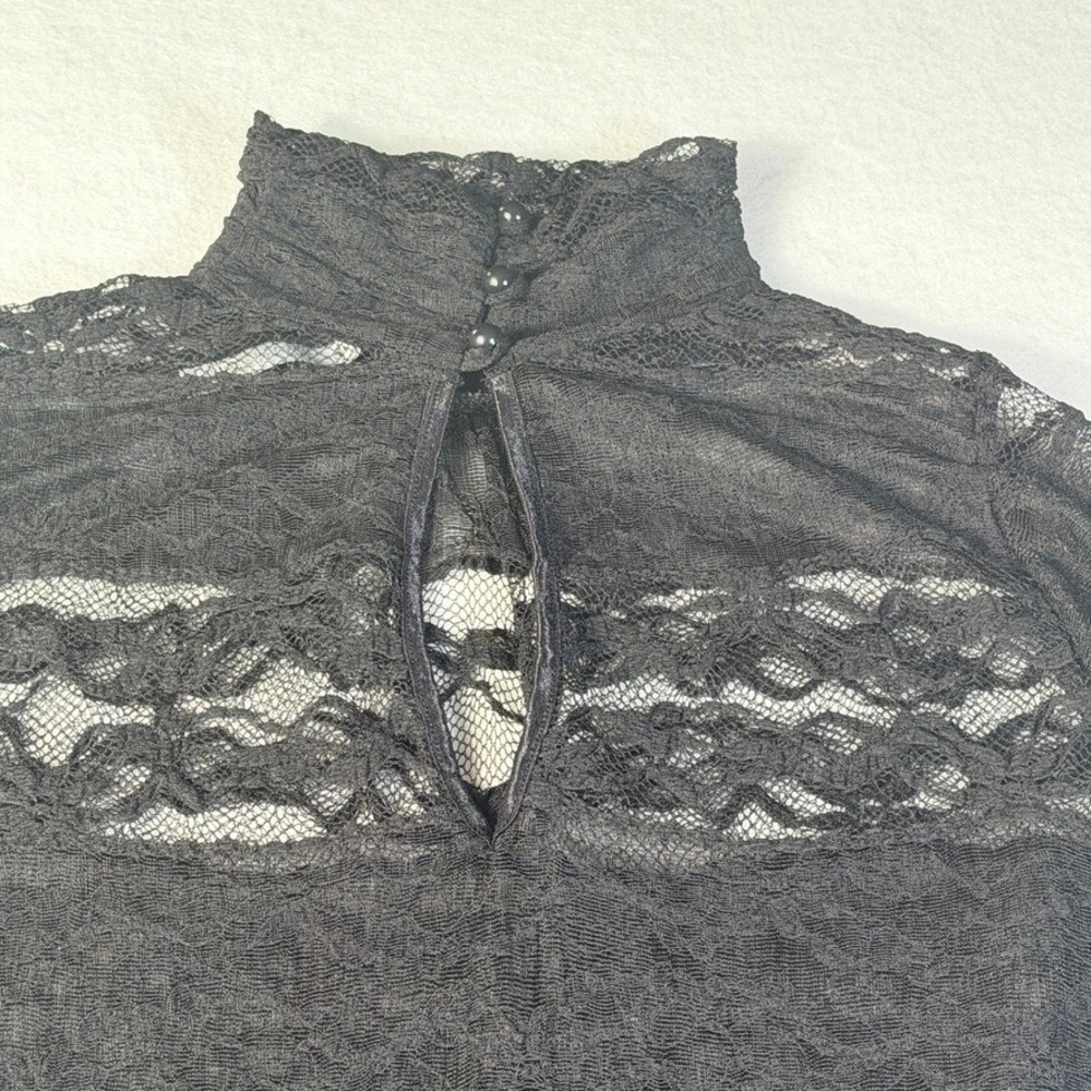 Black Sheer Floral Lace Mock Neck Long Sleeve Blouse Keyhole Mesh Top - Picture 9 of 15